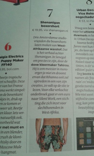 Volkskrant 16-7-2016 Boxer shorts van Shenanigan.nl uit Senegal